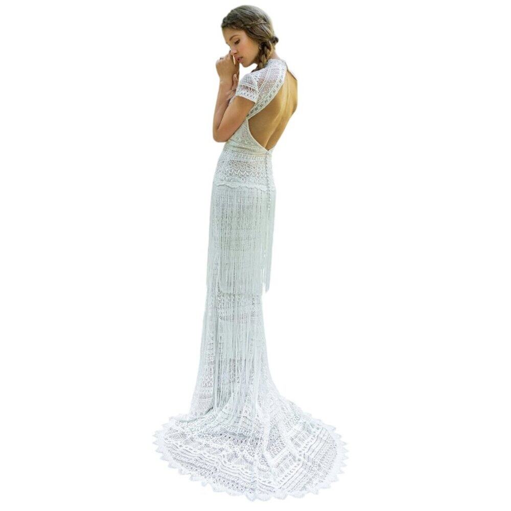LILLIAN WEST Crochet Lace High Neck Bohemian Wedding Gown in Ivory SZ 6